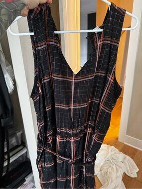 Old Navy Black Plaid Jumpsuit with Rust & Pink Stripes